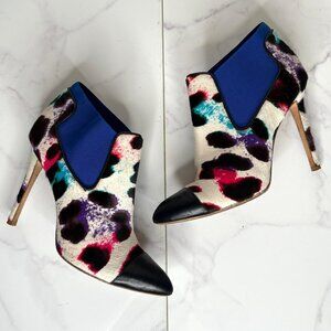Alberto Guardiani Calf Hair White Rainbow Leopard Print Ankle Booties Heels 37.5